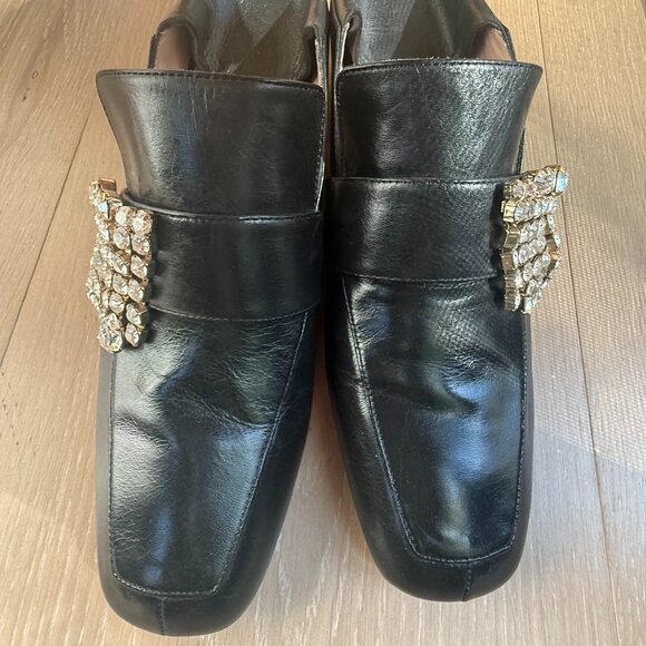 STUART WEITZMAN l Irises Black Leather Embelished Loafer Mule Block Heel Size 7. - Picture 1 of 9